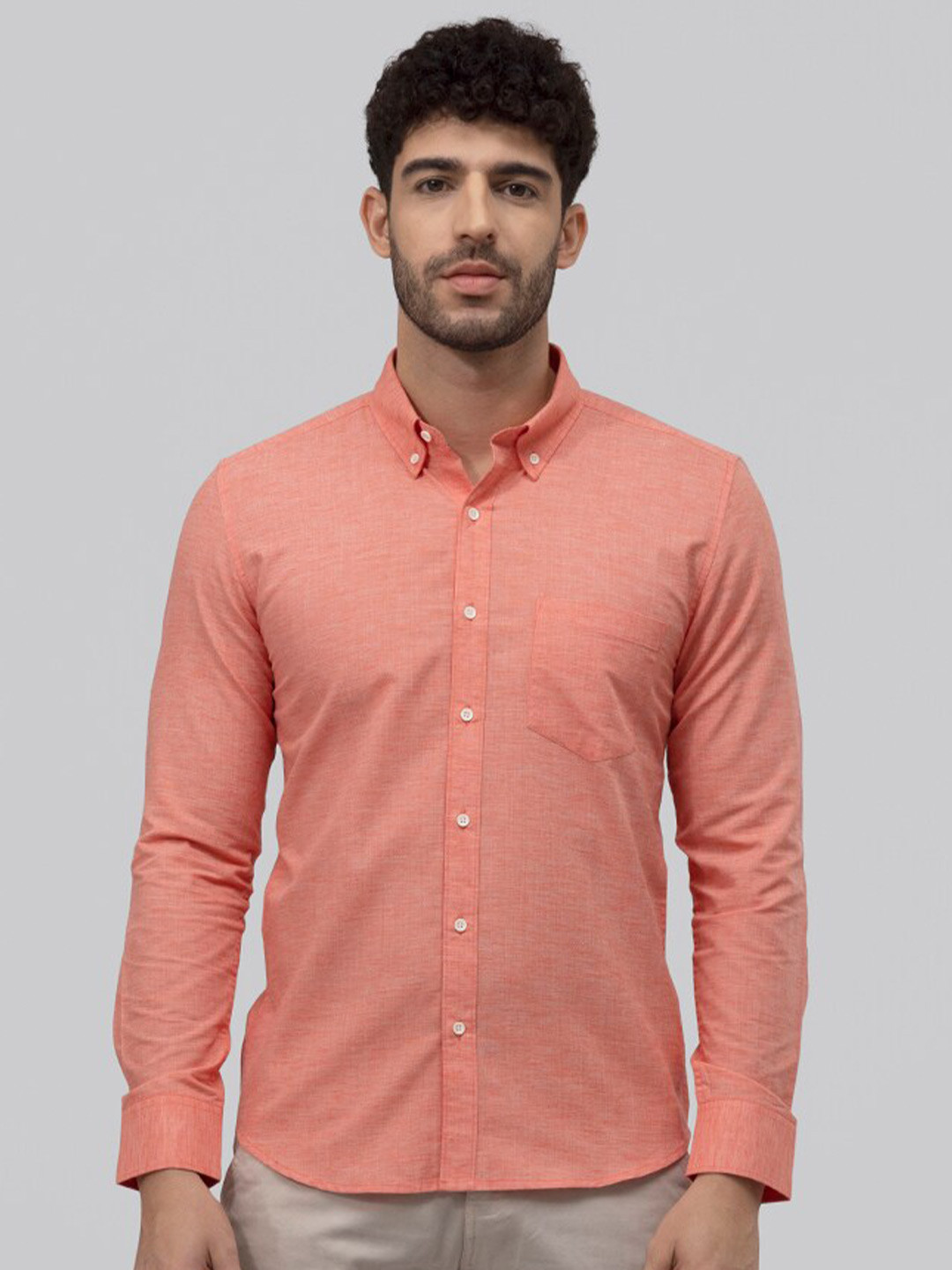 

Snitch Coral Button-Down Collar Classic Slim Fit Linen Casual Shirt