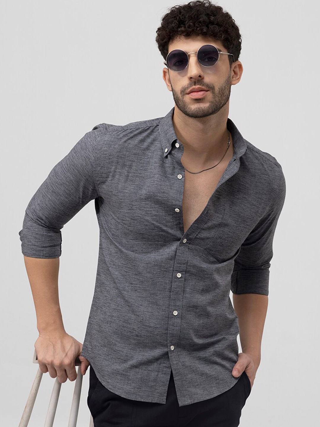 

Snitch Grey Button-Down Collar Classic Slim Fit Linen Casual Shirt