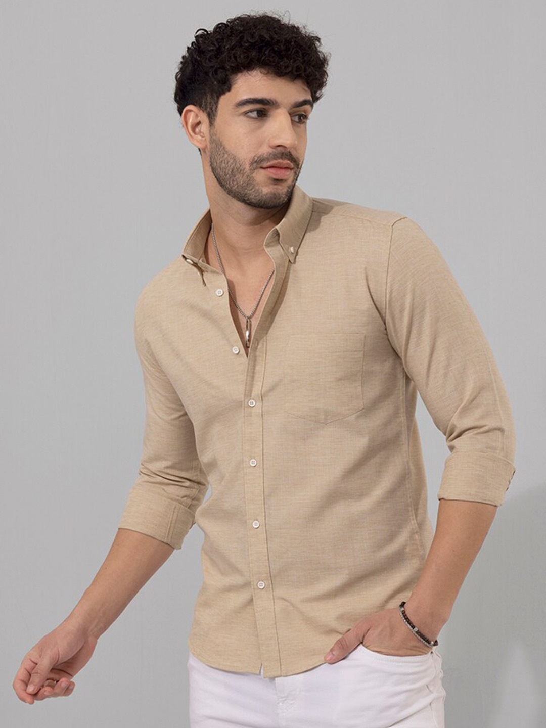 

Snitch Beige Button-Down Collar Classic Slim Fit Linen Casual Shirt