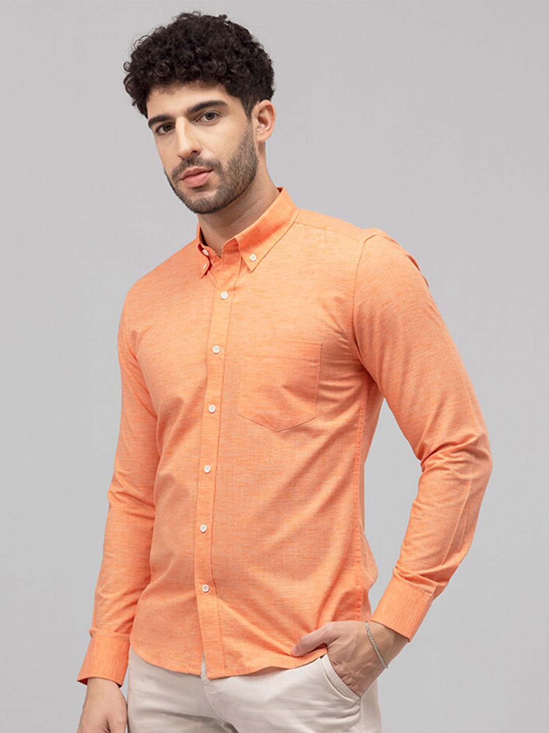 

Snitch Orange Classic Slim Fit Opaque Linen Casual Shirt