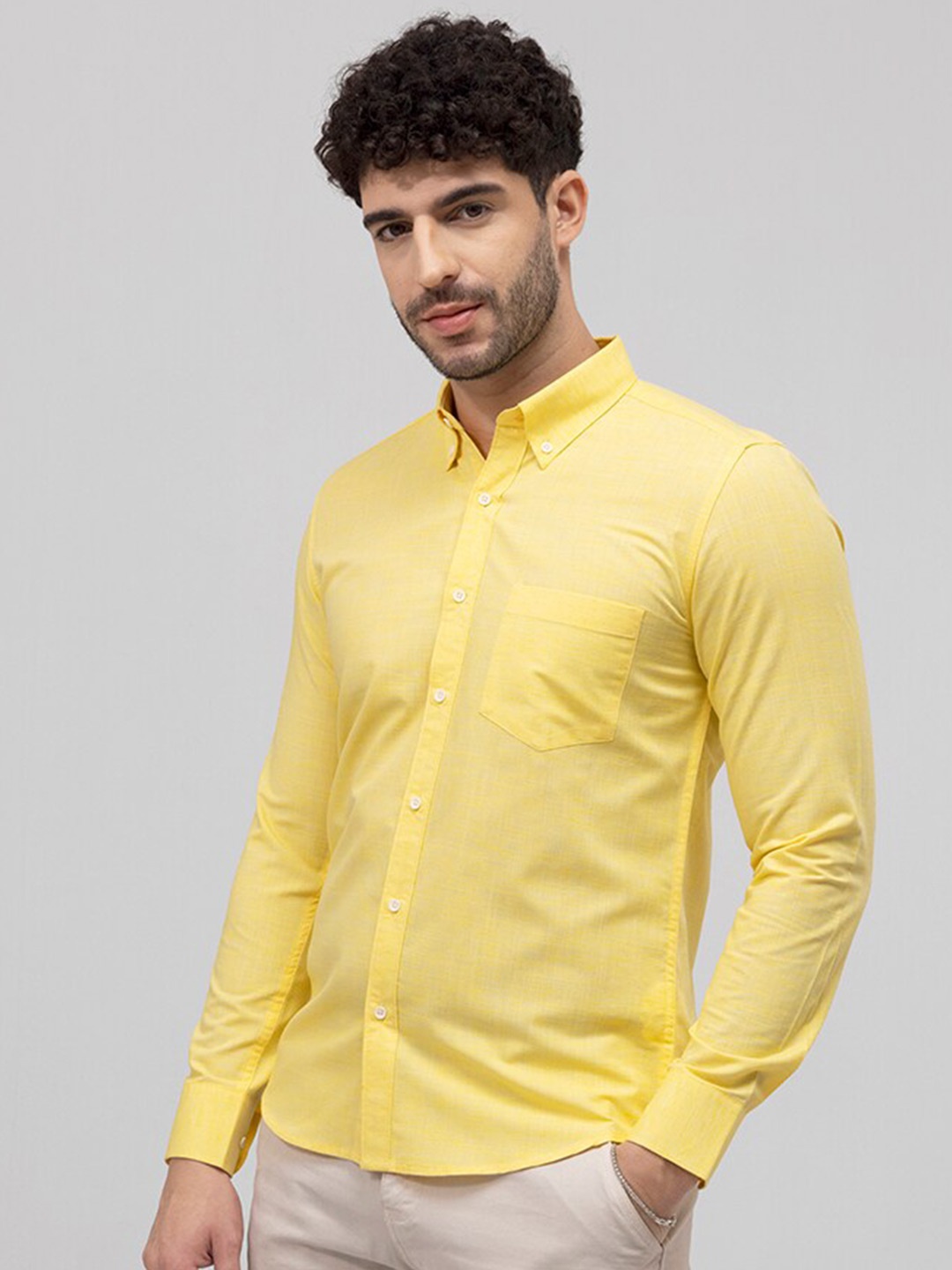 

Snitch Yellow Button-Down Collar Classic Slim Fit Linen Casual Shirt