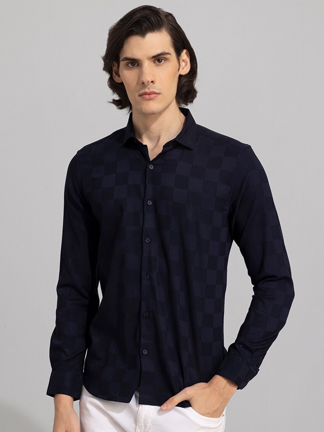 

Snitch Navy Blue Classic Slim Fit Opaque Checked Cotton Casual Shirt