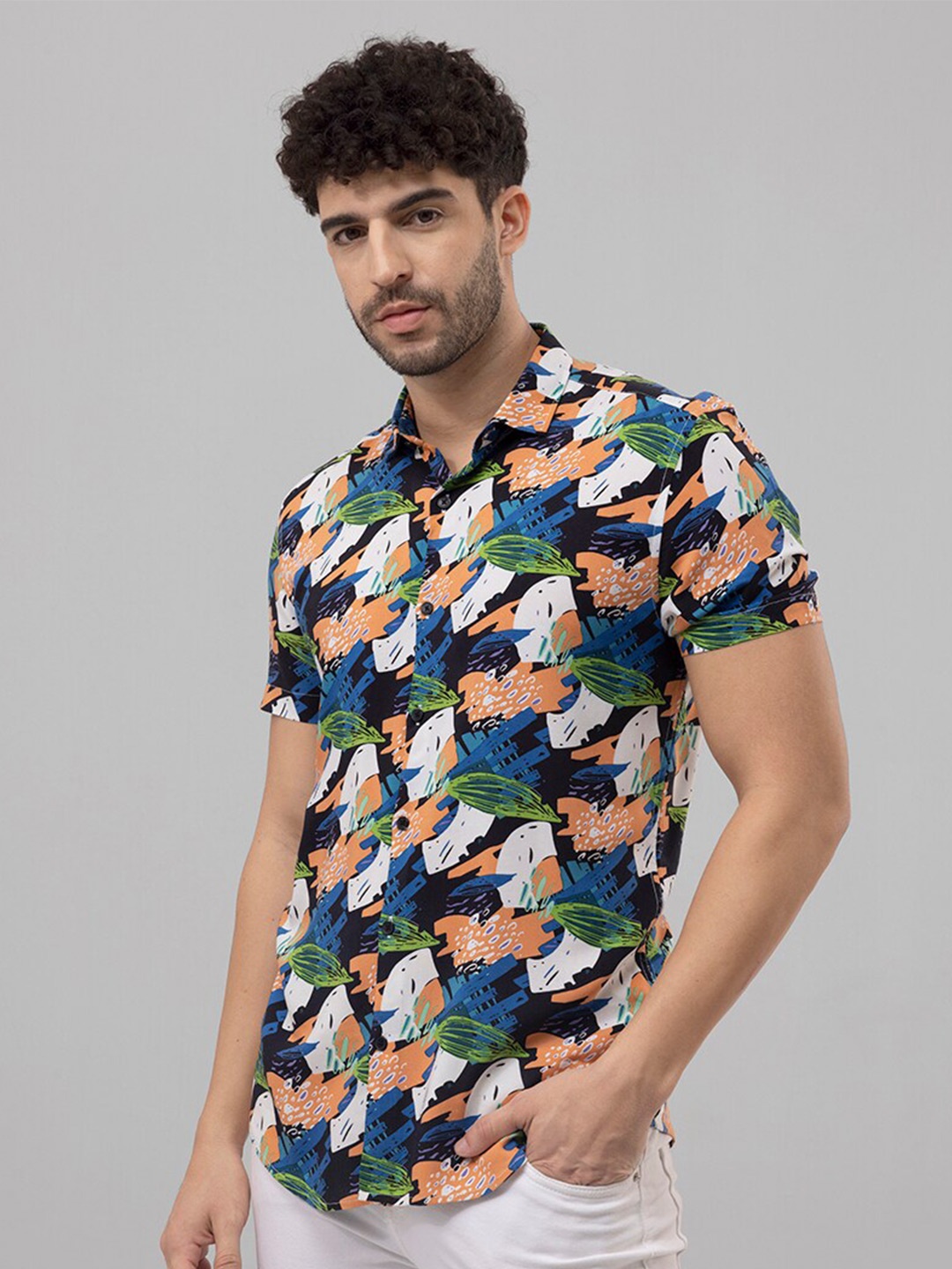 

Snitch Navy Blue & Peach Classic Slim Fit Abstract Printed Casual Shirt
