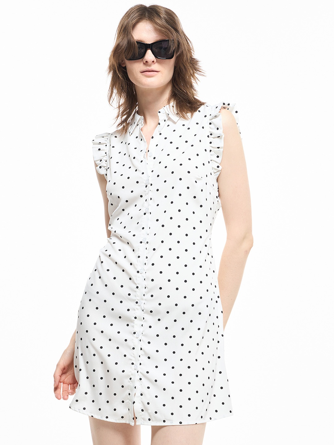 

TERRANOVA Polka Dot Print Flutter Sleeve Ruffled Shirt Mini Dress, White