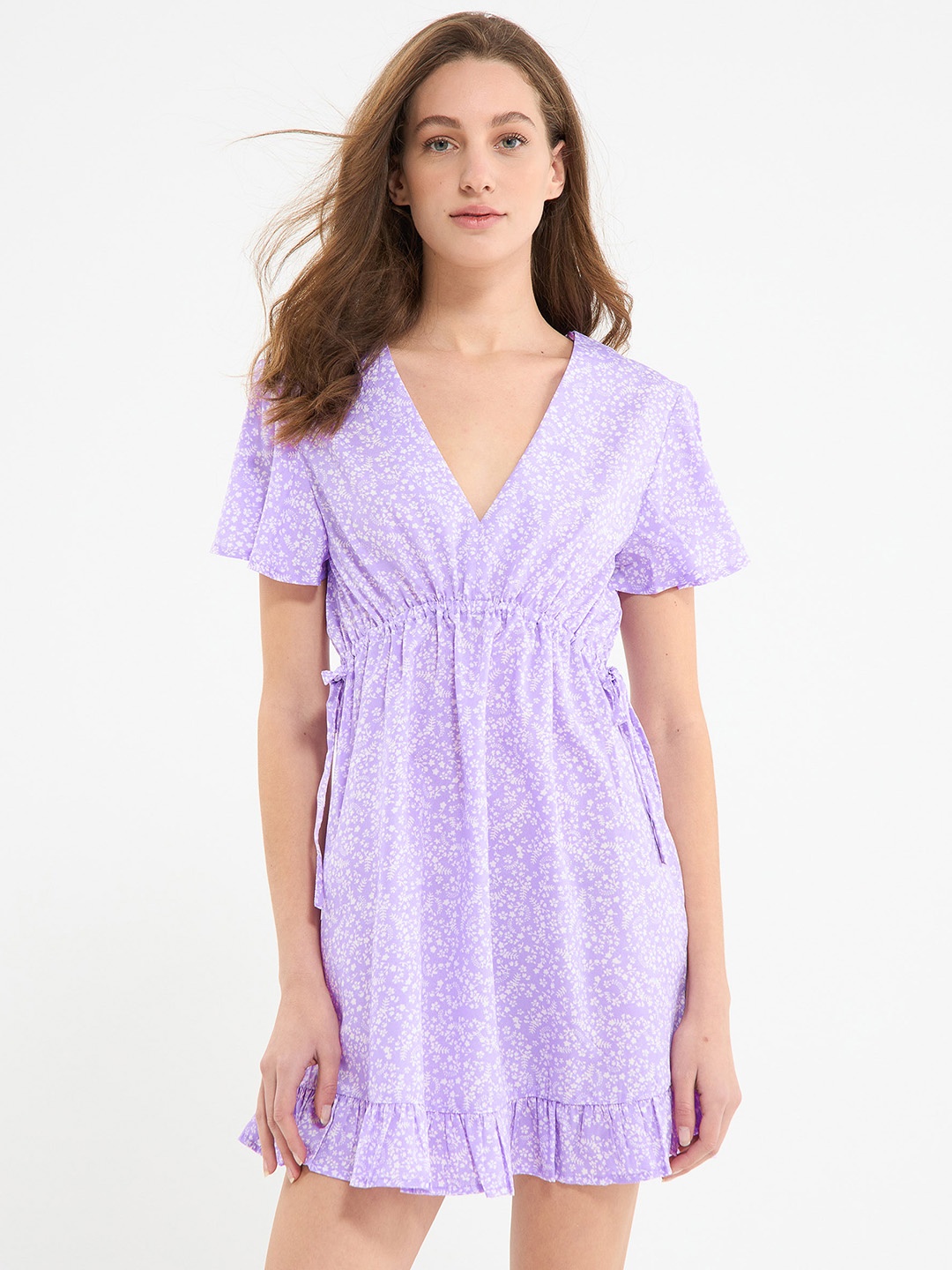 

TERRANOVA Floral Print Flutter Sleeve Waist Tie-Up A-Line Mini Dress, Lavender
