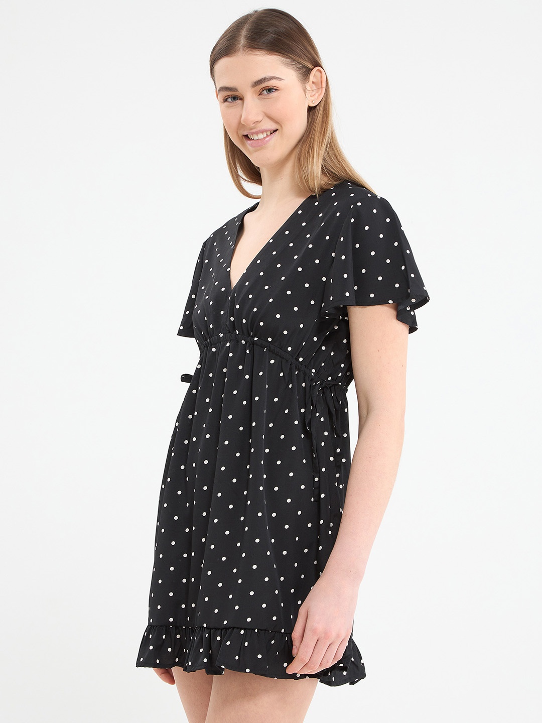 

TERRANOVA Floral Print Flutter Sleeve Waist Tie-Up A-Line Mini Dress, Black