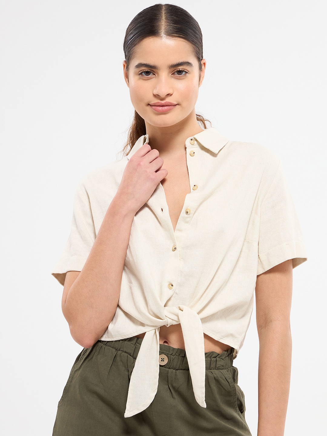 

TERRANOVA Tie-Up Opaque Casual Shirt, Beige