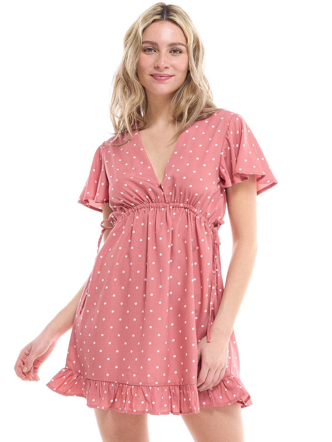 

TERRANOVA Polka Dot Print Flutter Sleeve A-Line Dress, Pink