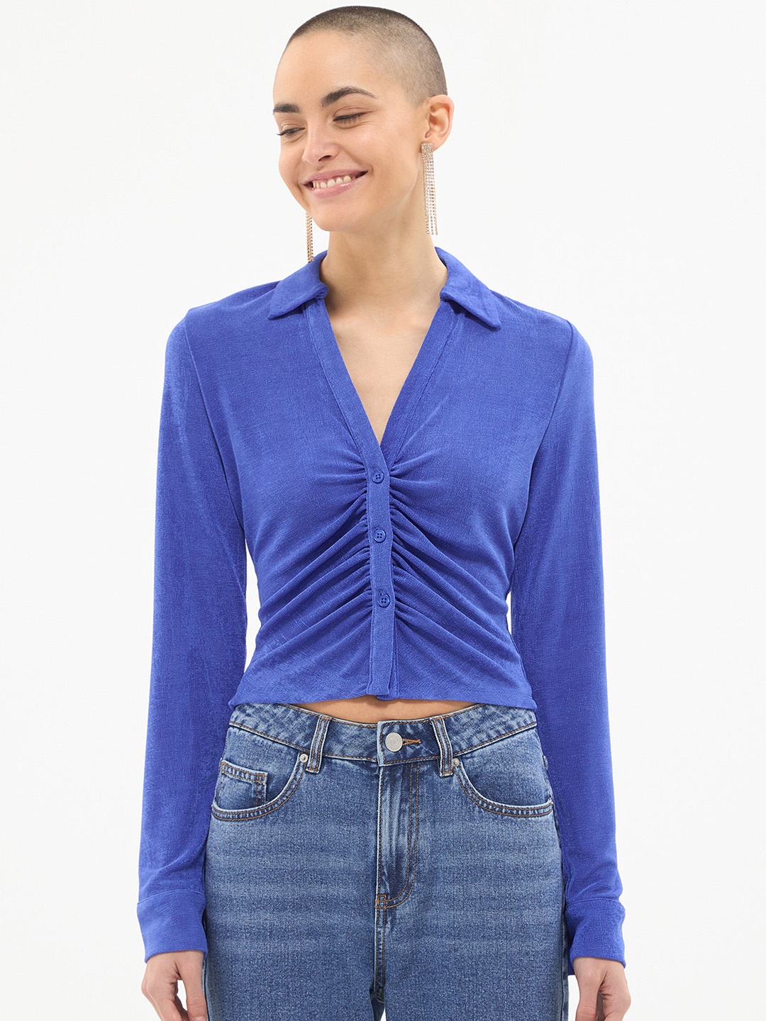 

TERRANOVA Ruched Detail Shirt Style Top, Blue