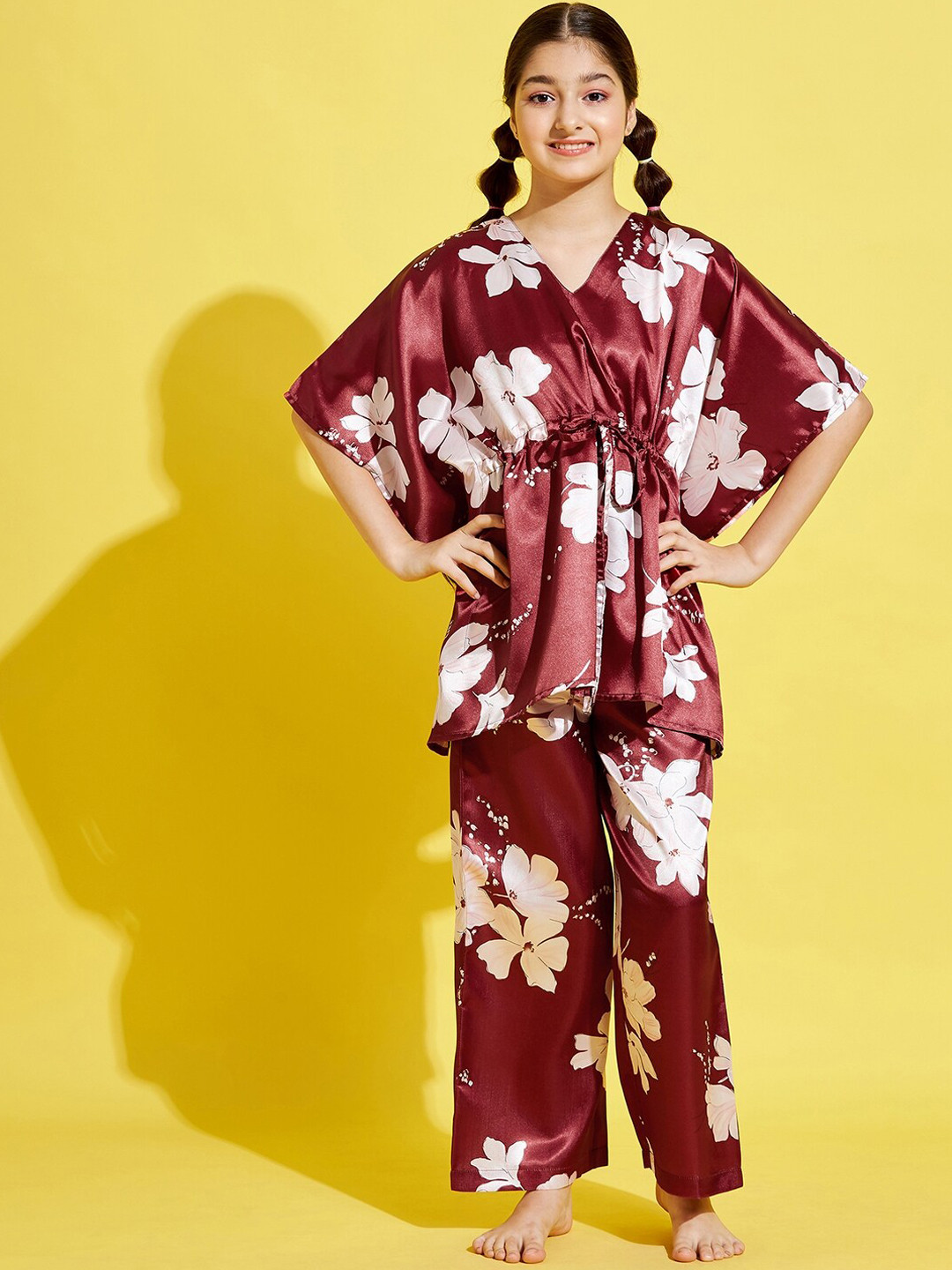 

Cherry & Jerry Floral Printed Satin Night suit, Maroon