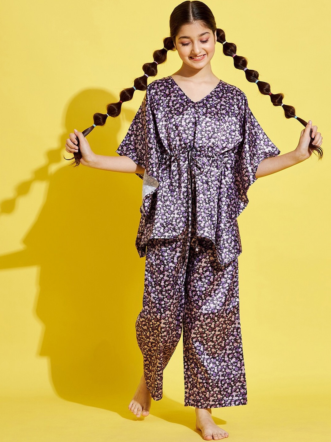 

Cherry & Jerry Girl Floral Printed Kaftan Satin Top With Trousers, Purple