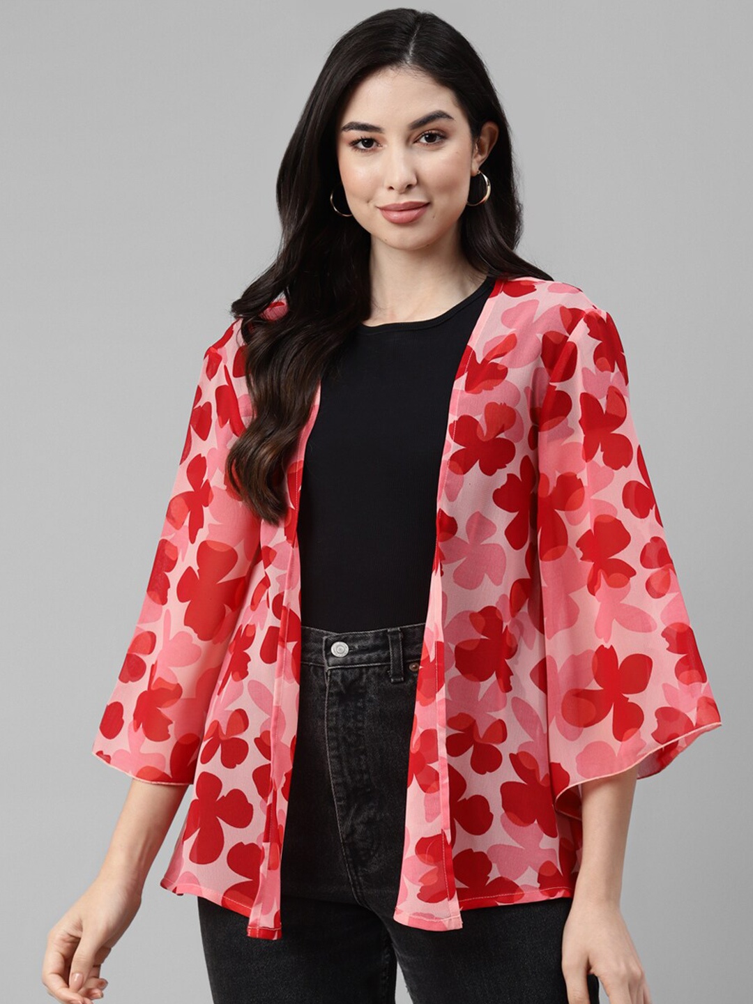 

DEEBACO Women Floral Printed Open Front Shrug, Pink