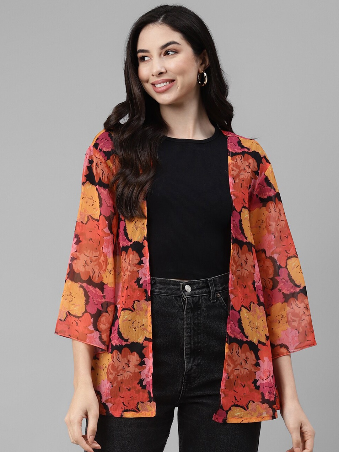 

DEEBACO Floral Printed Open Front Shrug, Orange