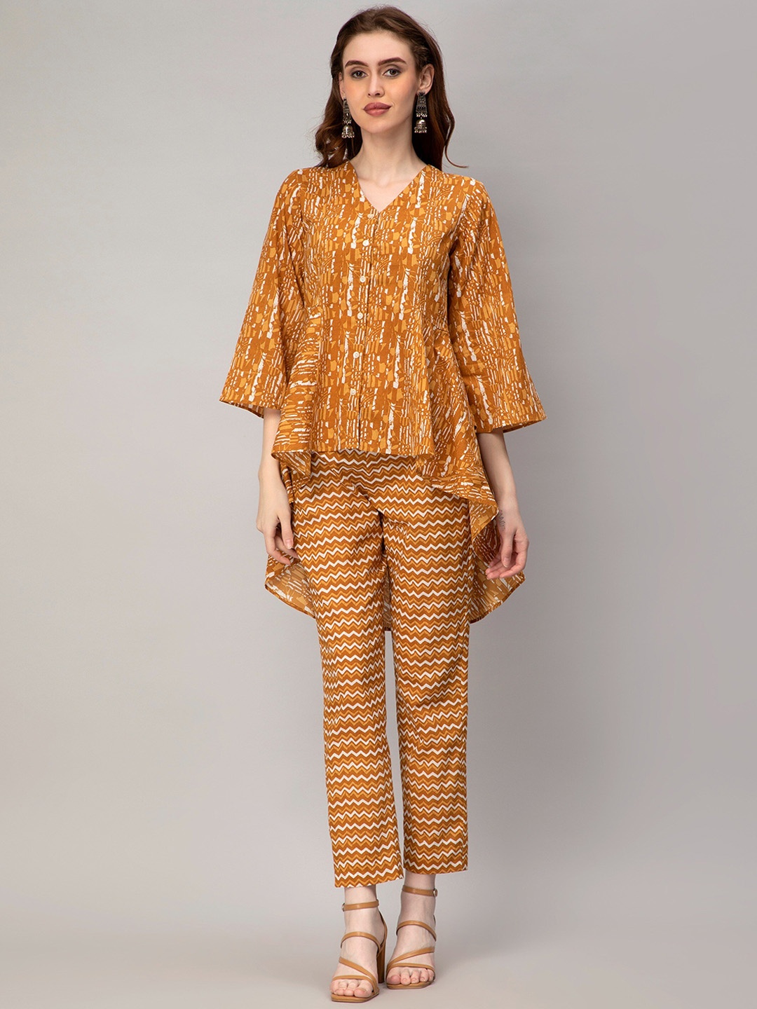 

misbis Printed Cotton Shirt With Trousers, Mustard