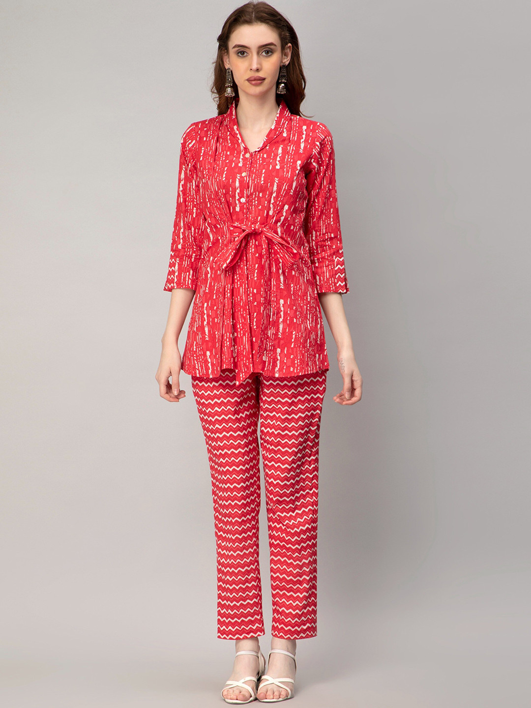 

misbis Printed Cotton Shirt With Trousers, Red
