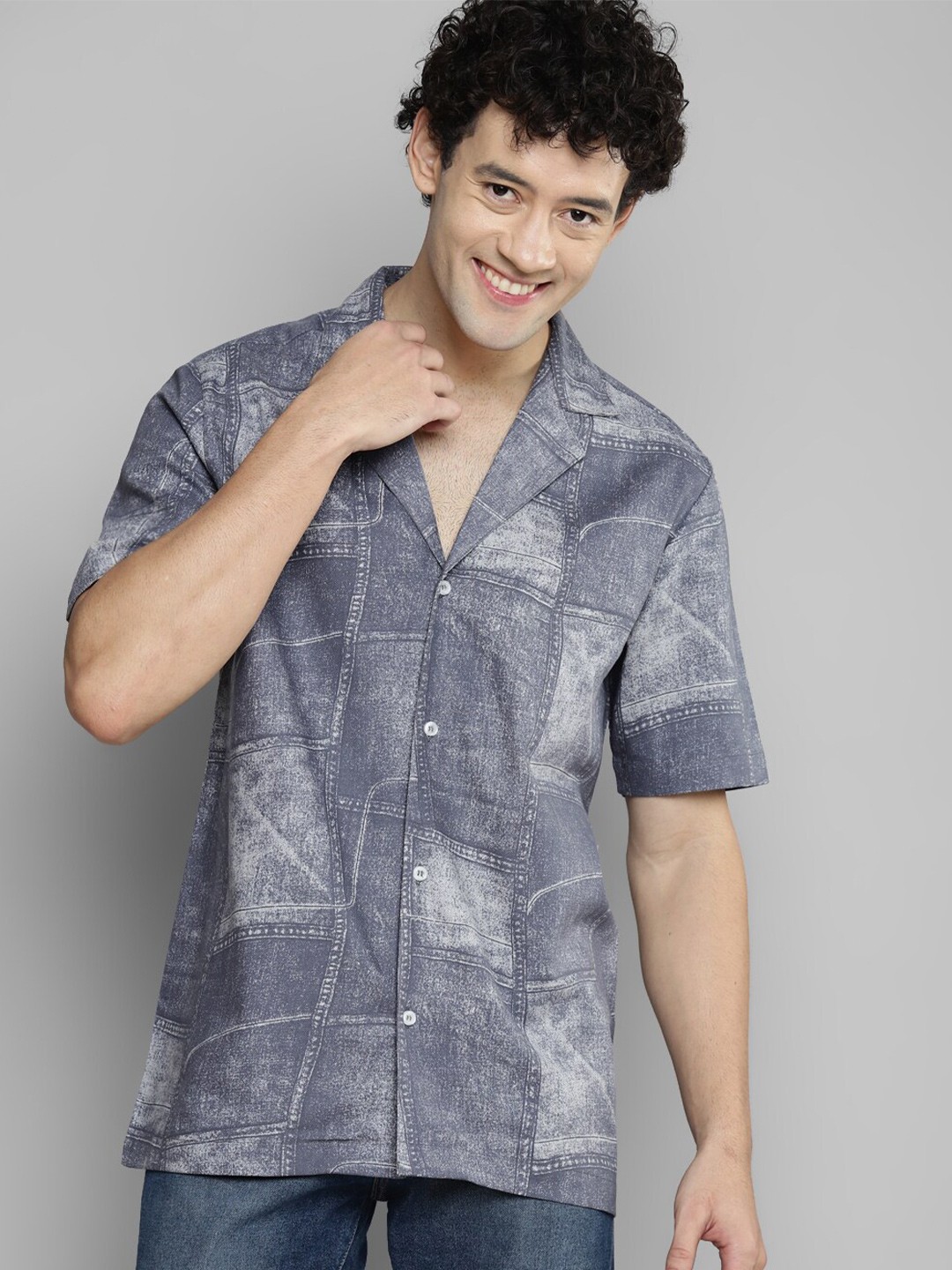 

Kook N Keech Abstract Printed Cuban Collar Casual Resort Shirt, Grey