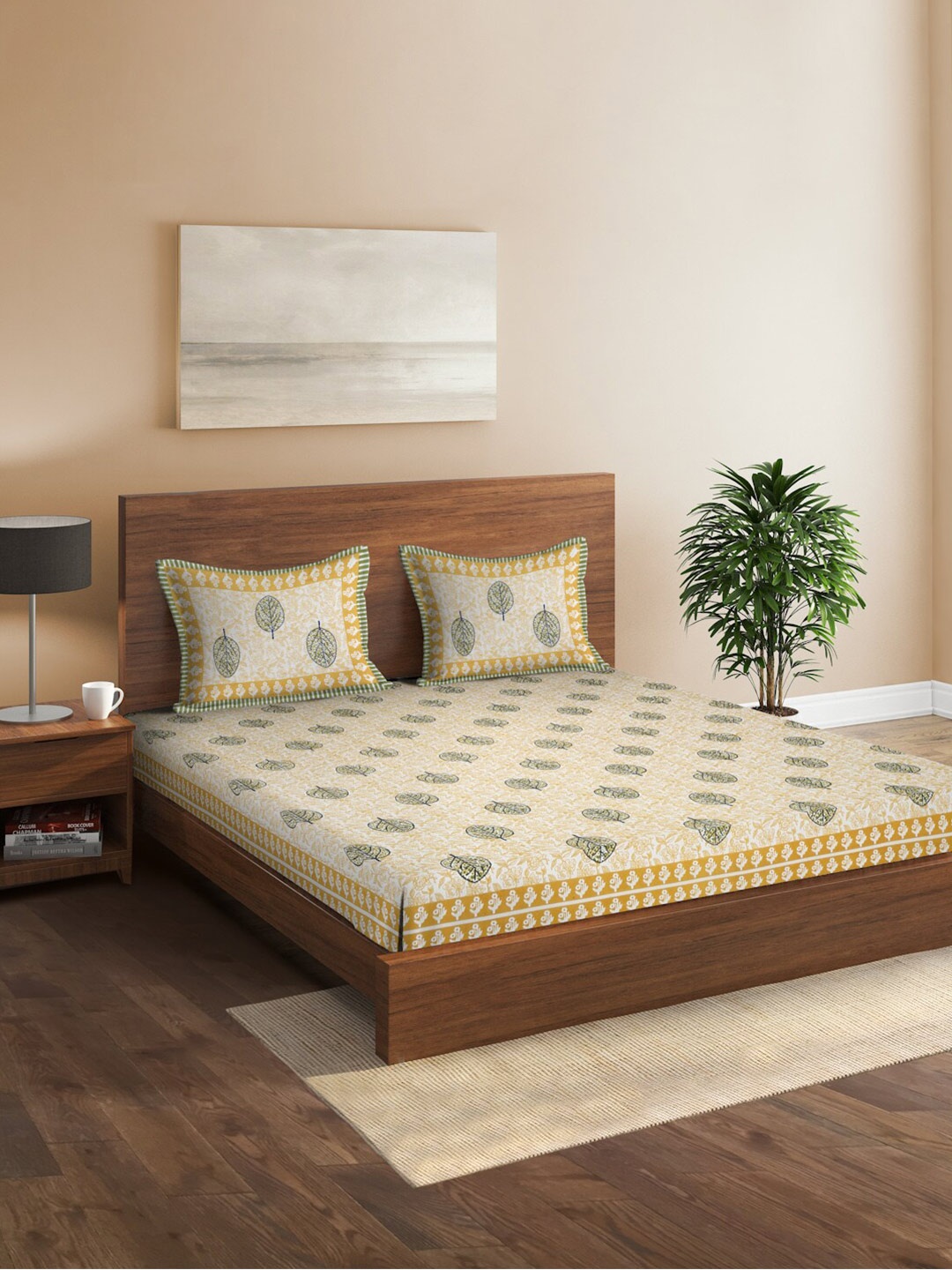 

Sangria White & Yellow Leaf Printed Cotton 180 TC Double King Bedsheet & 2 Pillow Covers