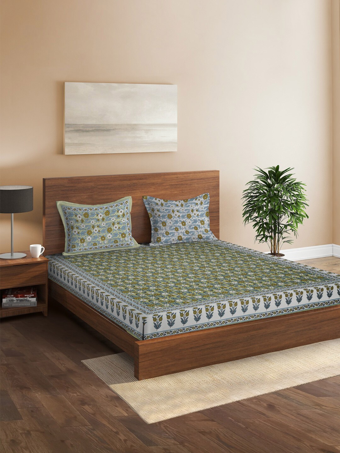 

Sangria Green & Blue Floral-Printed 180TC Cotton King Bedsheet & 2 Pillow Covers