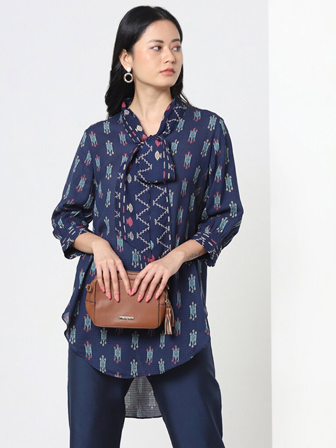 

Marigold Lane Ethnic Motif Printed Tie Up Neck Indigo Tunic, Navy blue
