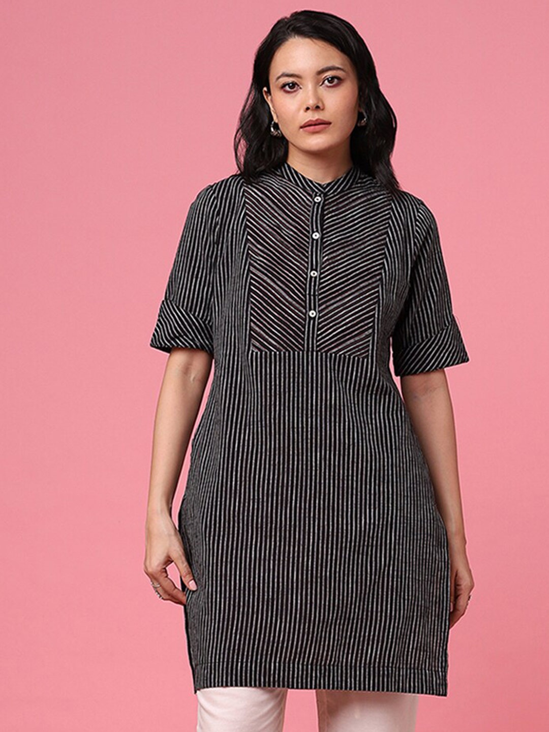 

Marigold Lane Mandarin Collar Striped Tunic, Black