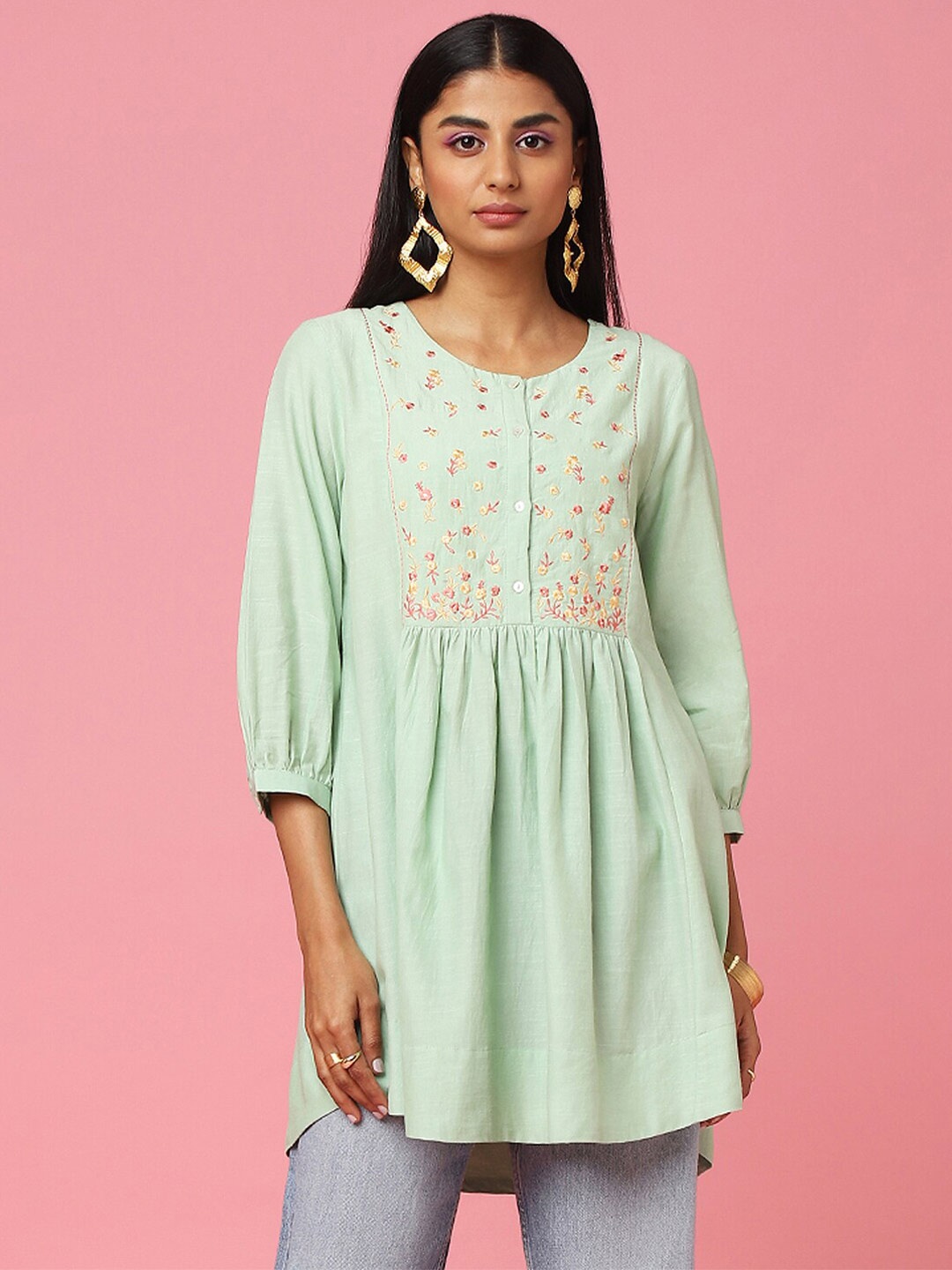

Marigold Lane Floral Embroidered Mandarin Collar Tunic, Green