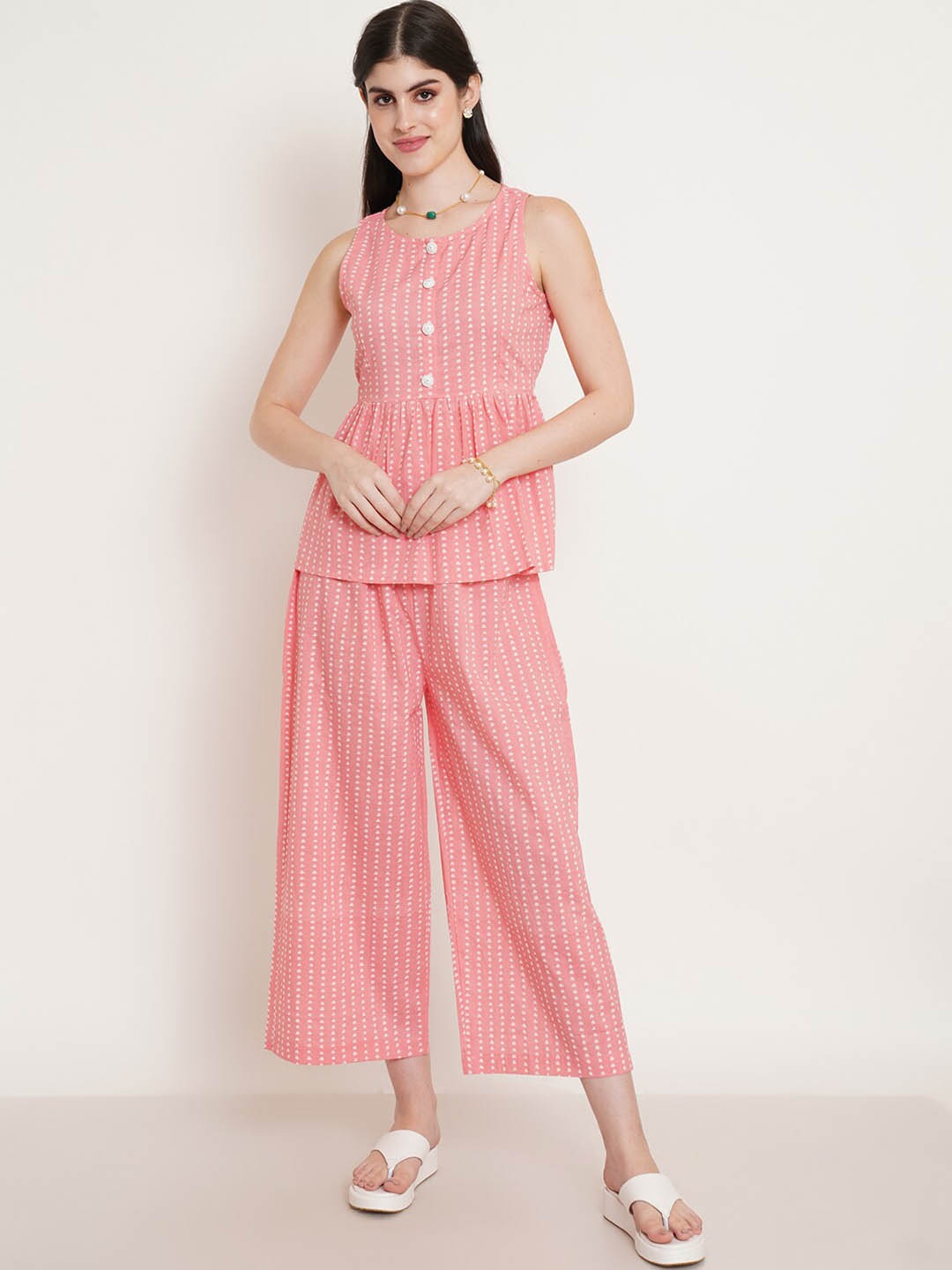 

FABRIC FITOOR Geometric Printed Pure Cotton Top With Trouser Co-ord Set, Pink