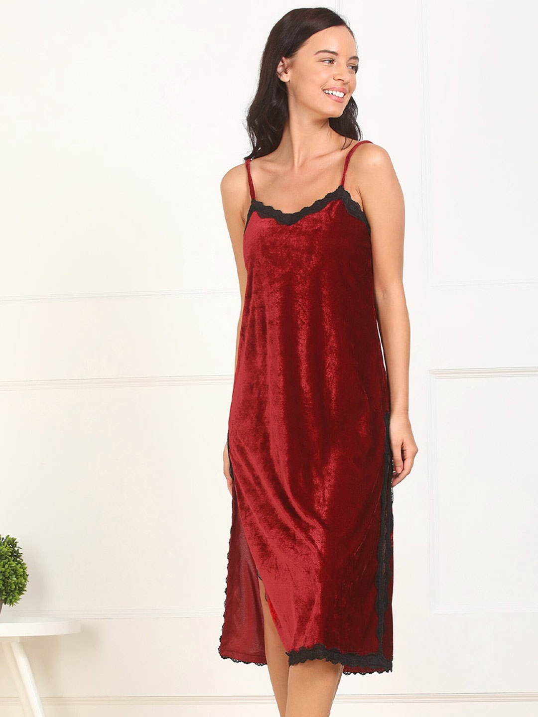 

HERE&NOW Maroon Shoulder Straps Midi Length Nightdress