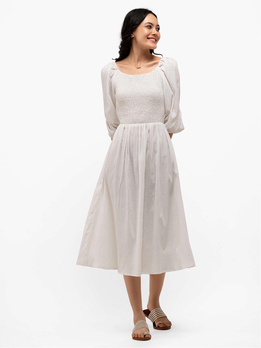 

AASK Crepe Smocked Fit & Flare Midi Dress, White