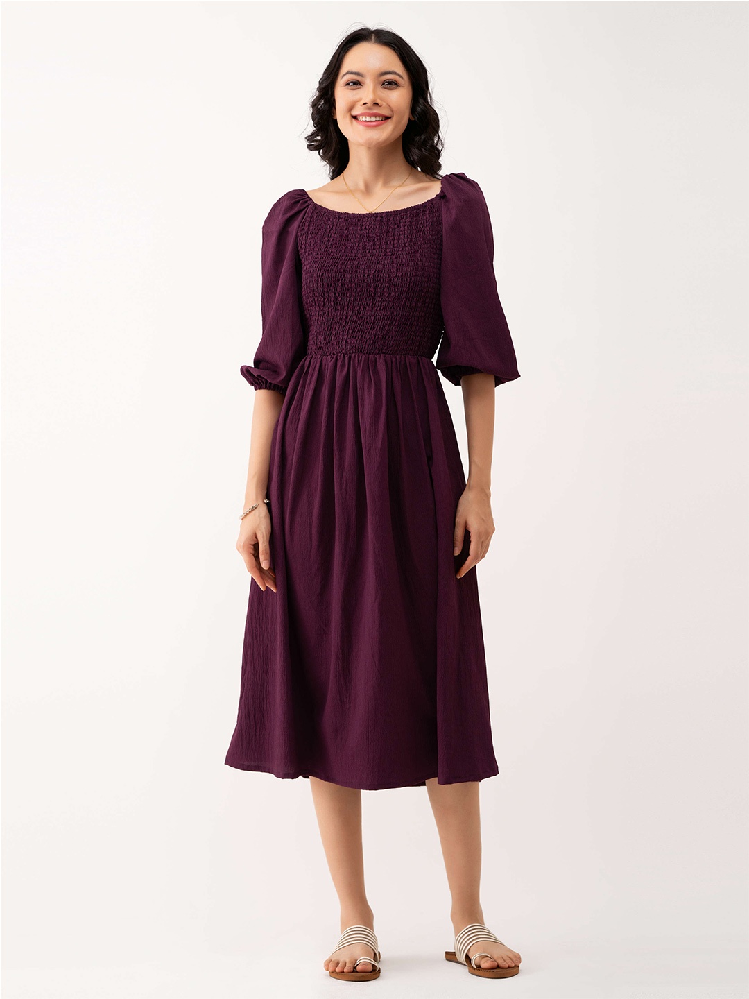 

AASK Puff Sleeves Smocked Fit & Flare Midi Dress, Burgundy