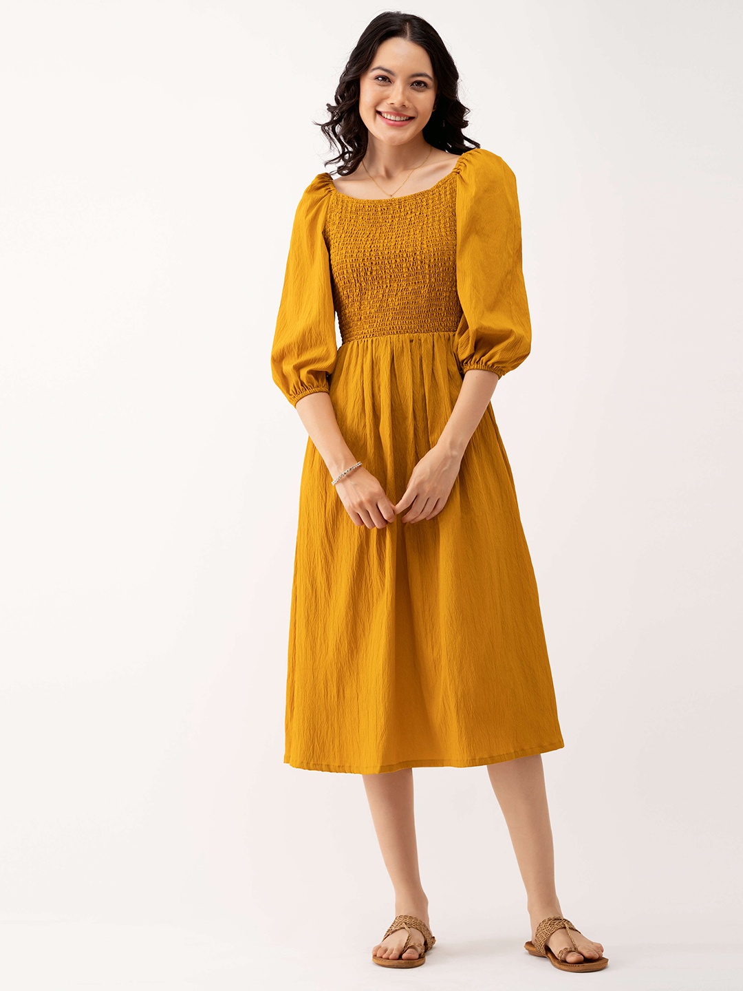 

AASK Puff Sleeves Smocked Detailed Fit & Flare Midi Dress, Mustard