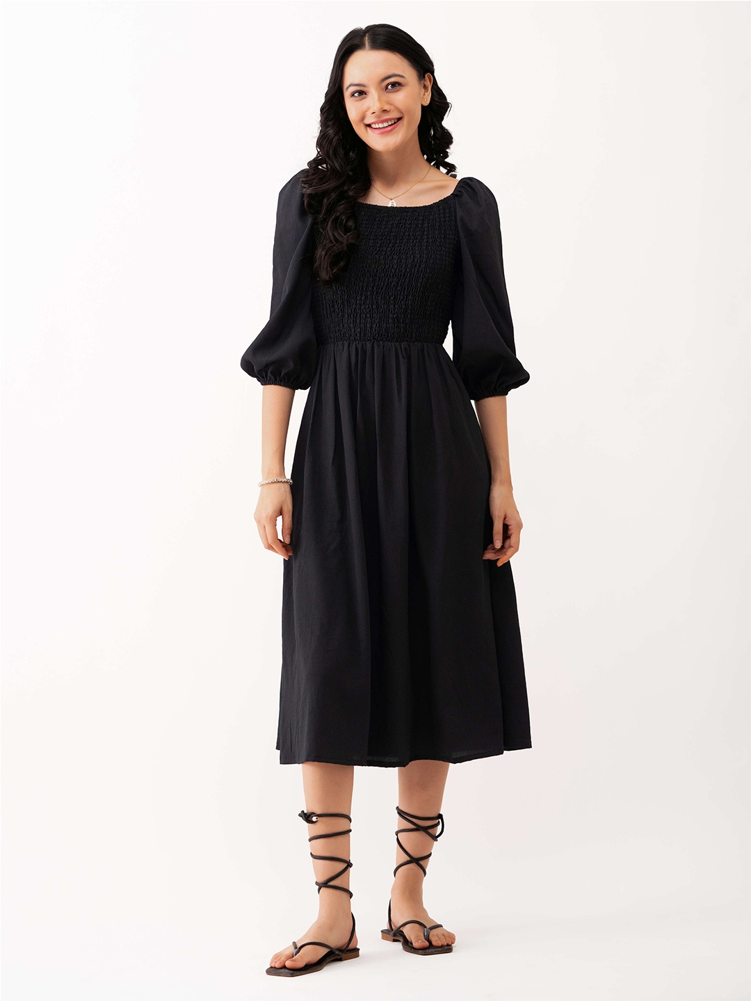 

AASK Puff Sleeve Smocked Crepe Fit & Flare Midi Dress, Black