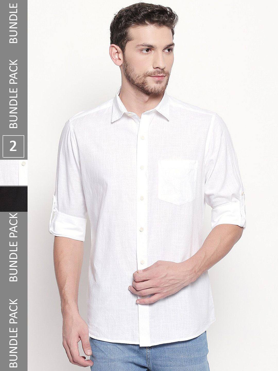 

EVOQ Pack Of 2 Roll-Up Sleeves Cotton Linen Casual Shirt, White