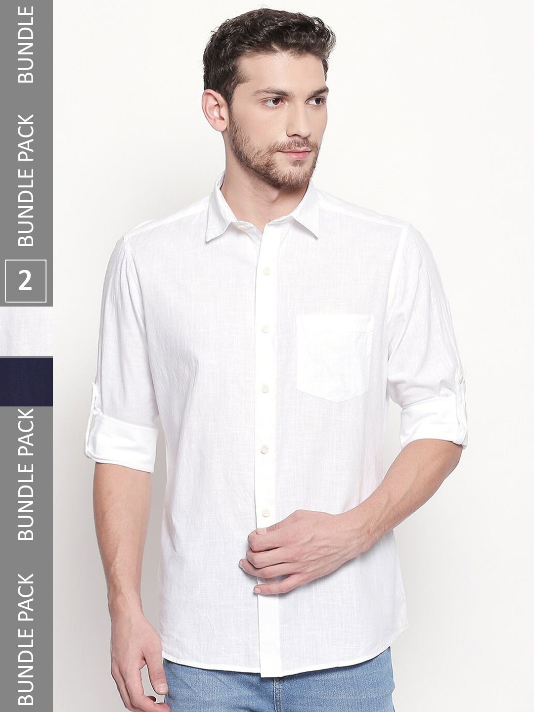 

EVOQ Pack Of 2 Roll-Up Sleeves Cotton Linen Casual Shirt, White