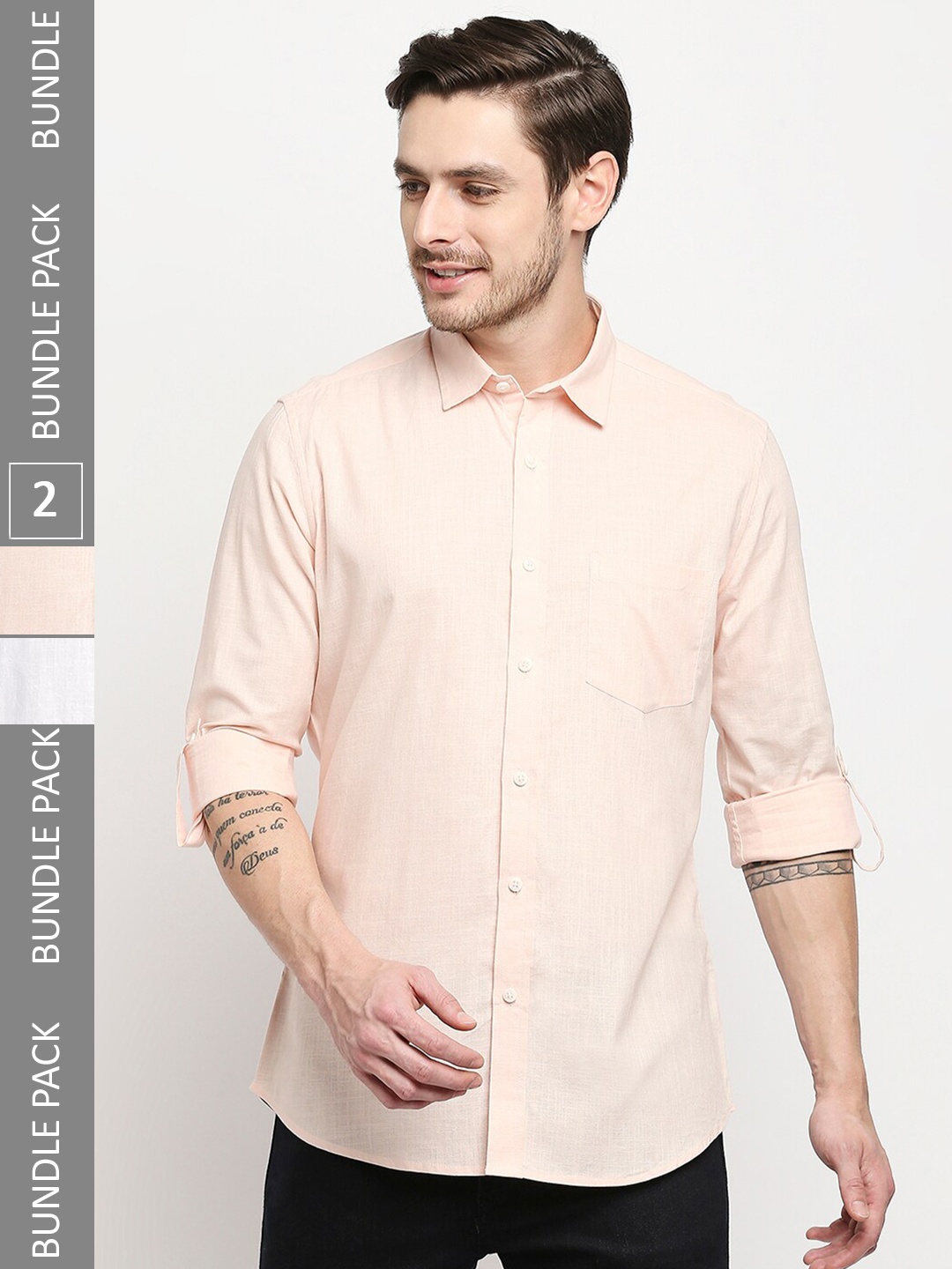 

EVOQ Pack Of 2 Roll-Up Sleeves Cotton Linen Casual Shirt, White