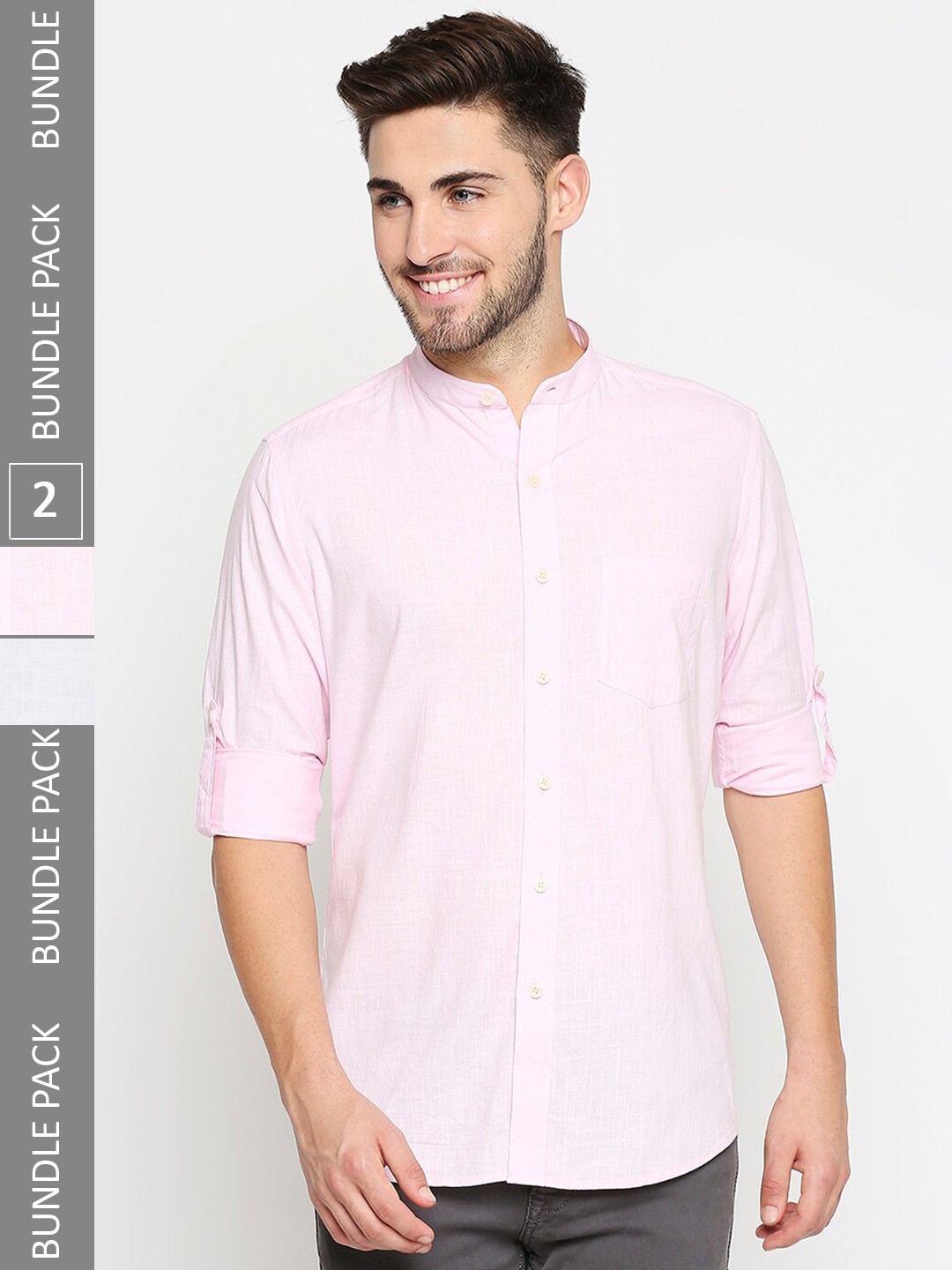 

EVOQ Pack Of 2 Mandarin Collar Roll-Up Sleeves Cotton Linen Casual Shirt, White