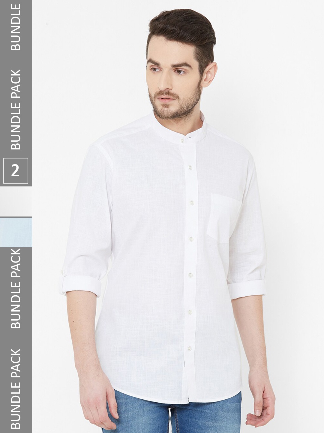 

EVOQ Pack Of 2 Mandarin Collar Roll-Up Sleeves Cotton Linen Casual Shirt, White