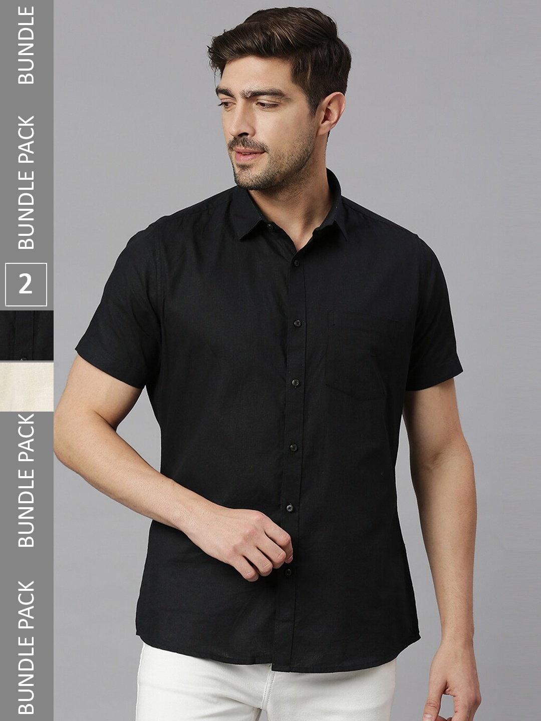 

EVOQ Pack Of 2 Cotton Linen Casual Shirt, Black