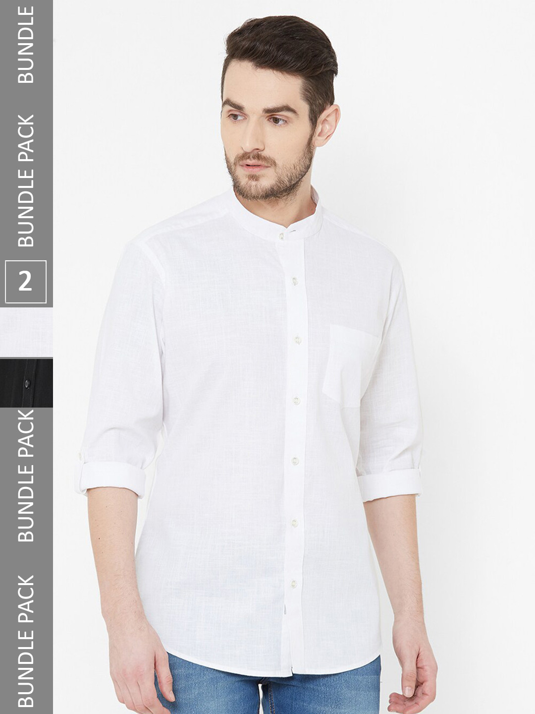 

EVOQ Pack Of 2 Mandarin Collar Roll-Up Sleeves Cotton Linen Casual Shirt, White