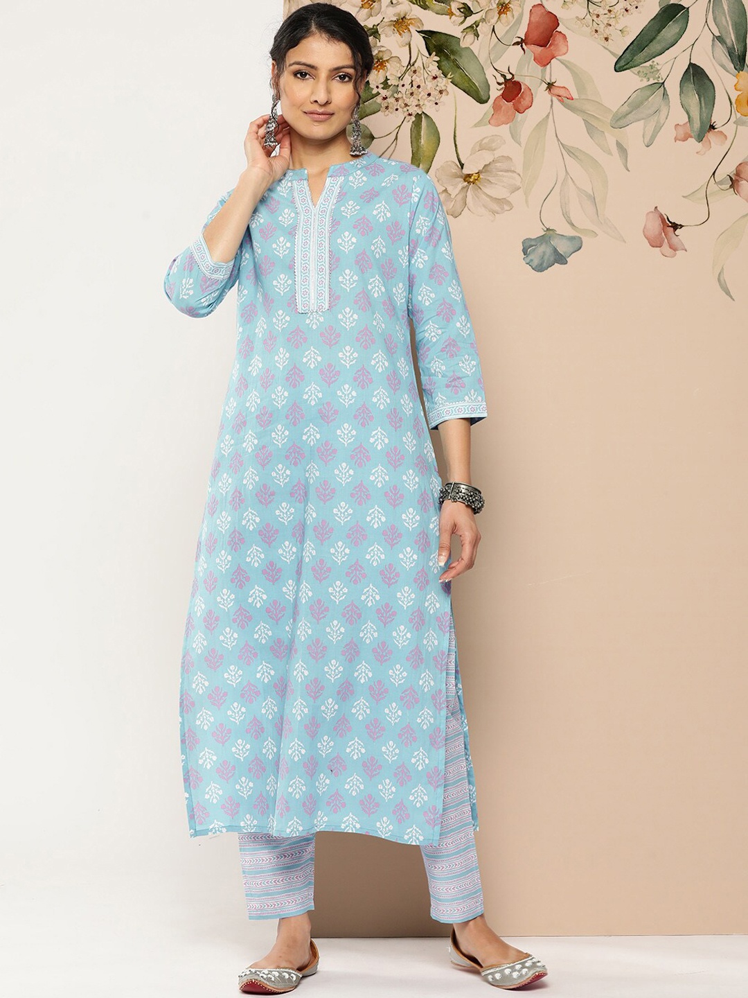 

Nayo Ethnic Motifs Printed Regular Pure Cotton Kurta With Trousers, Blue