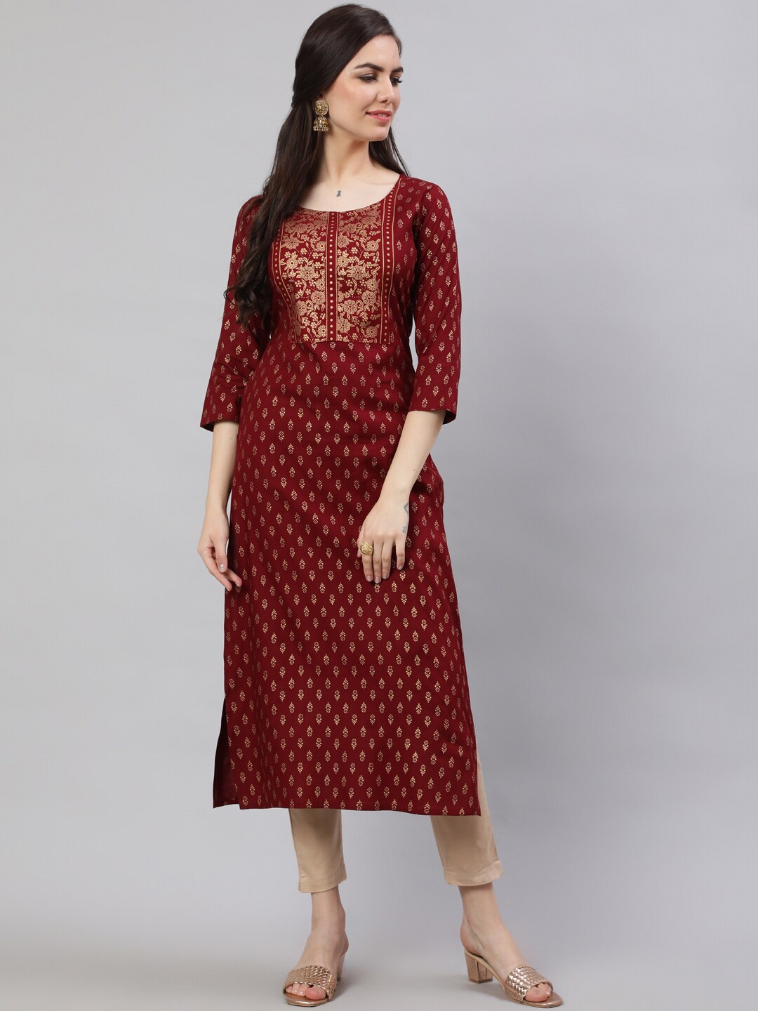 

Nayo Maroon Ethnic Motifs Printed Cotton Straight Kurta