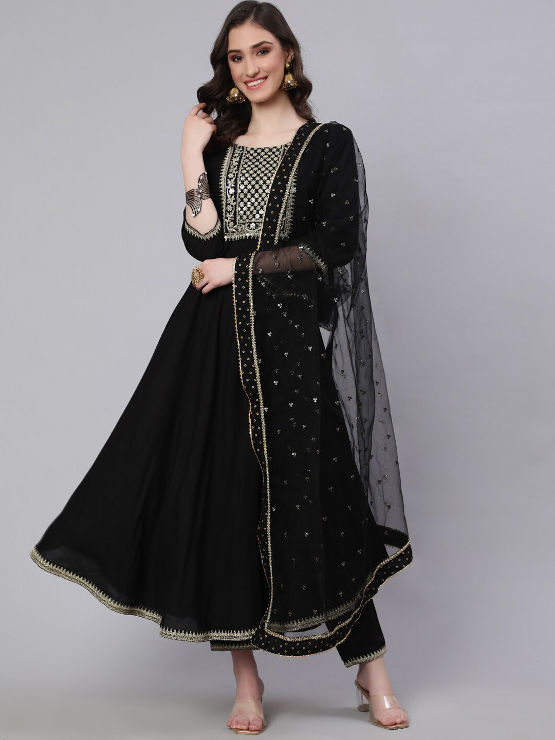 

Nayo Ethnic Motifs Yoke Design Regular Thread Work Kurta With Trousers & Dupatta, Black