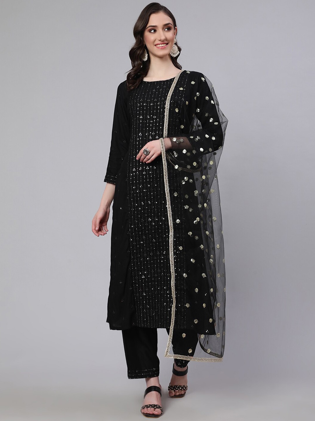 

Nayo Ethnic Motifs Yoke Design Regular Sequinned Kurta With Palazzos & Dupatta, Black