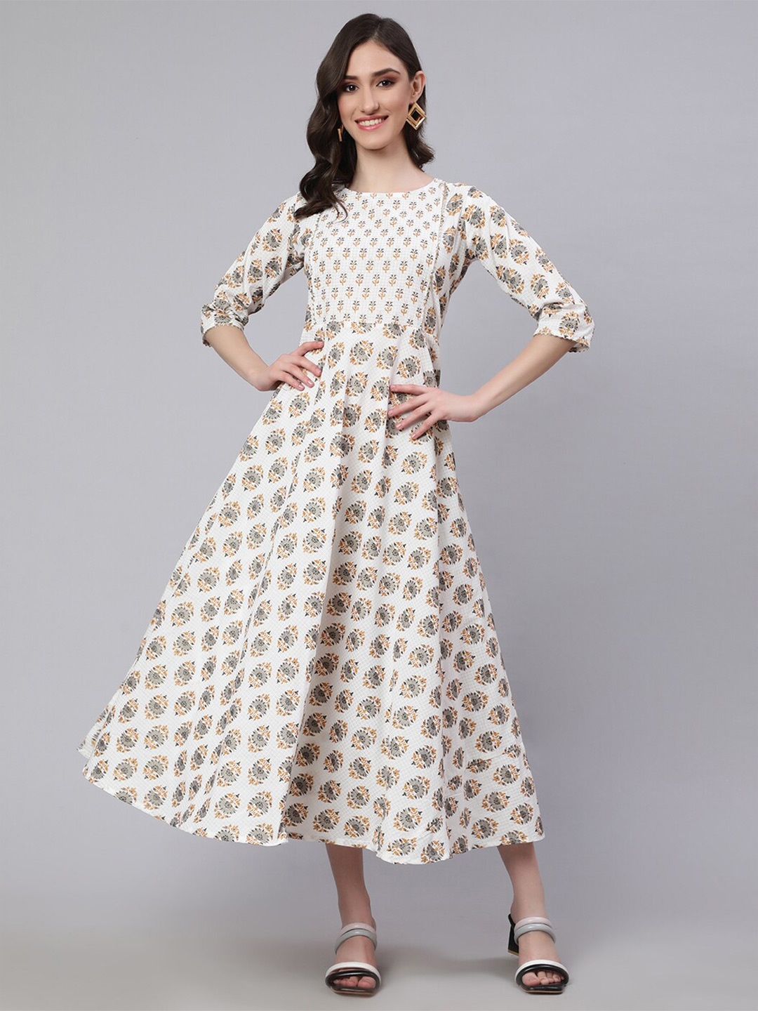 

Nayo White Ethnic Motifs Printed Cotton A-Line Midi Ethnic Dress