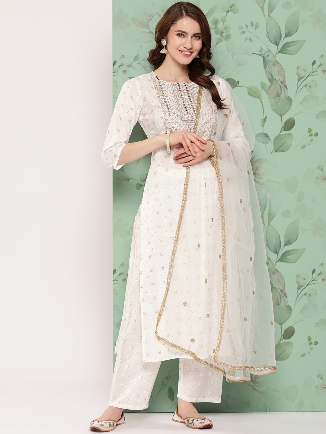 

Nayo Ethnic Motifs Embroidered Pure Cotton Kurta With Palazzos & Dupatta, Off white