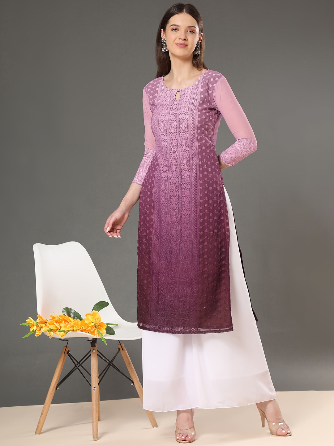 

KALINI Women Burgundy Ethnic Embroidered Keyhole Neck Thread Work Georgette Kurta
