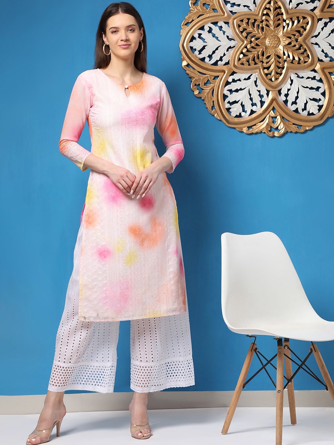 

KALINI Ethnic Motifs Embroidered Keyhole Neck Georgette Straight Kurta, White