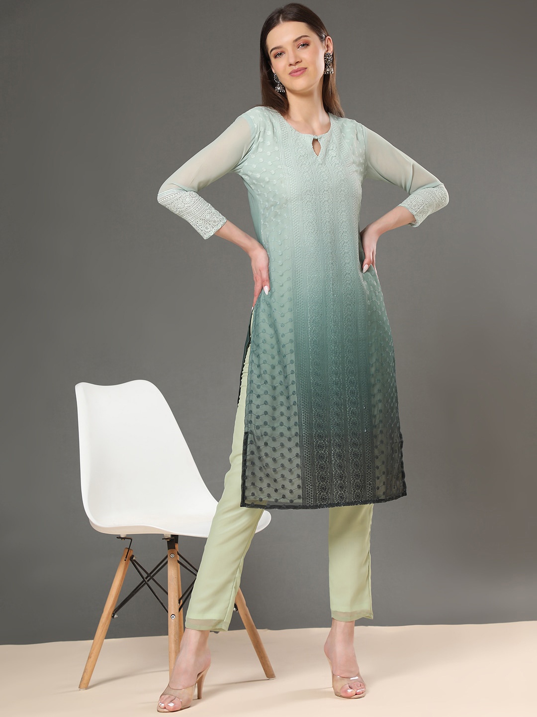 

KALINI Ethnic Motifs Embroidered Keyhole Neck Georgette Kurta, Green