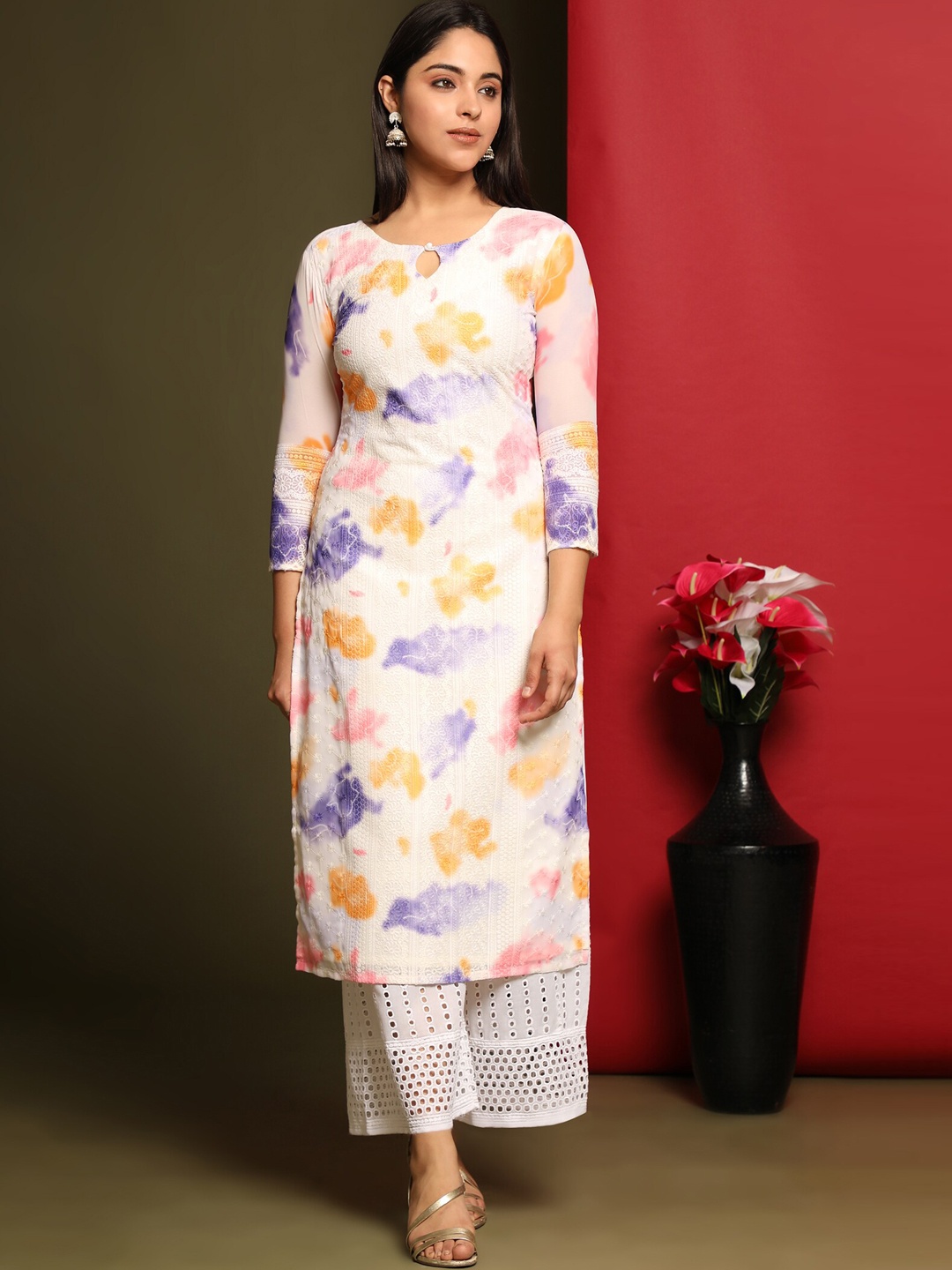 

KALINI Floral Embroidered Keyhole Neck Pure Georgette Staright Kurta, Purple
