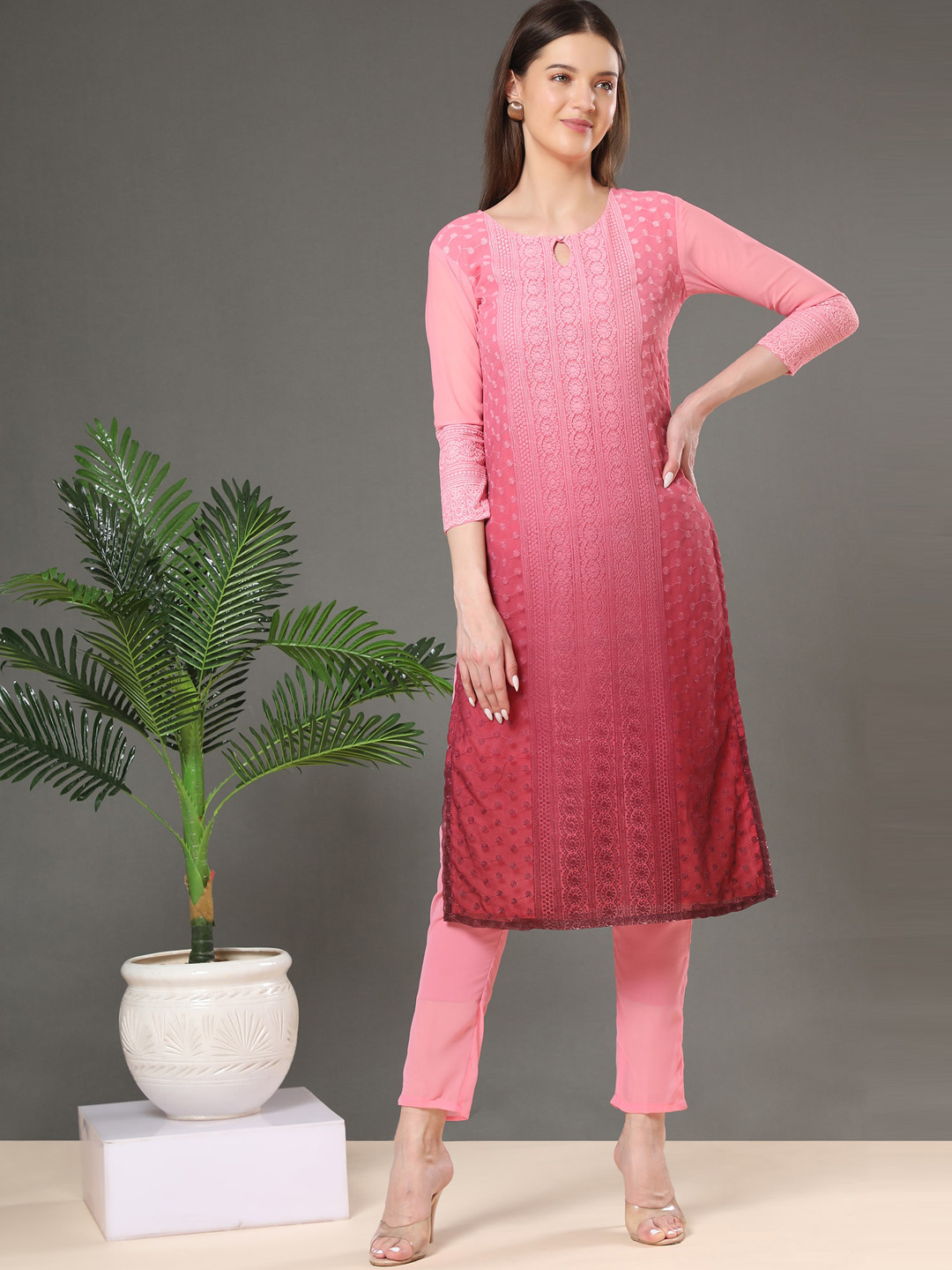

KALINI Ethnic Motifs Embroidered Keyhole Neck Thread Work Georgette Kurta, Red