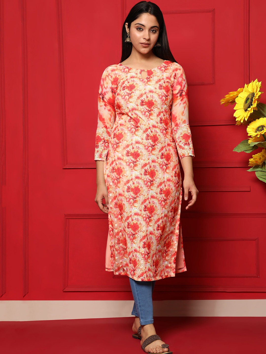 

KALINI Keyhole Neck Floral Printed Thread Work Georgette Kurta, Red